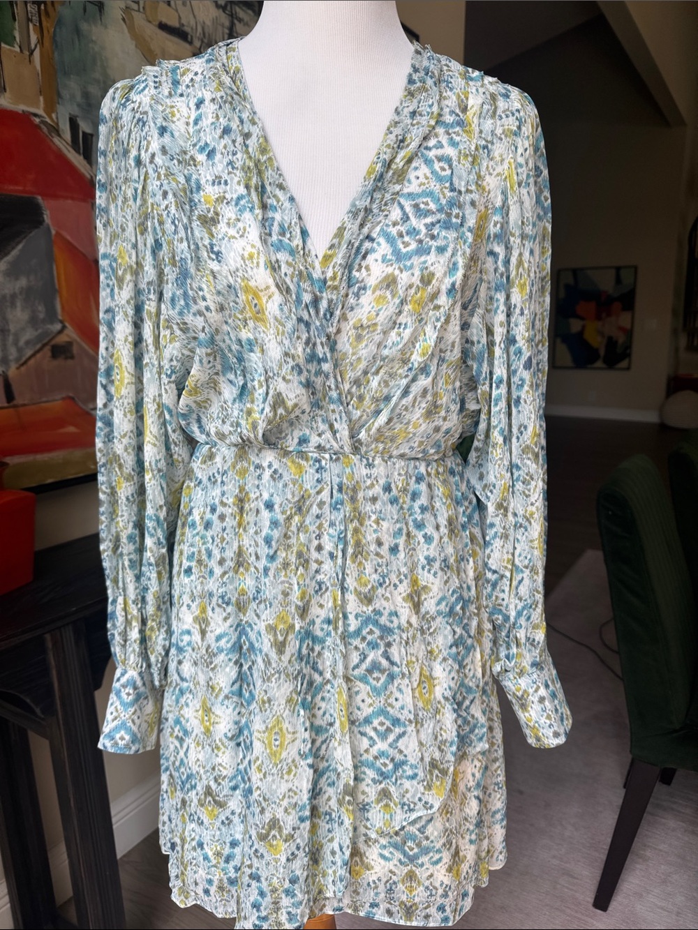 NWT Patrizia Pepe Teal, Olive & White Printed Long-Sleeve Dress